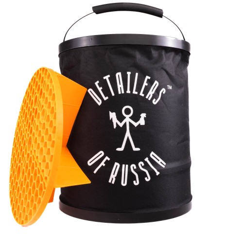 Ведро для мойки складное с оранжевой сеткой с логотипом Detailers of Russia 10л